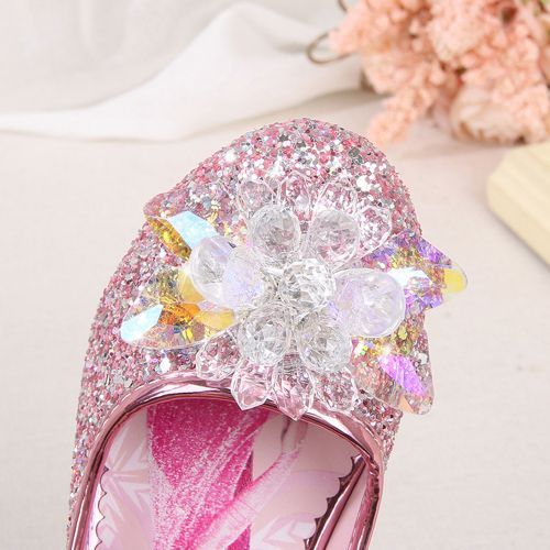 Girls' Single Sequined Flower Velcro Student Show Catwalk Low-heeled Shoes Pink