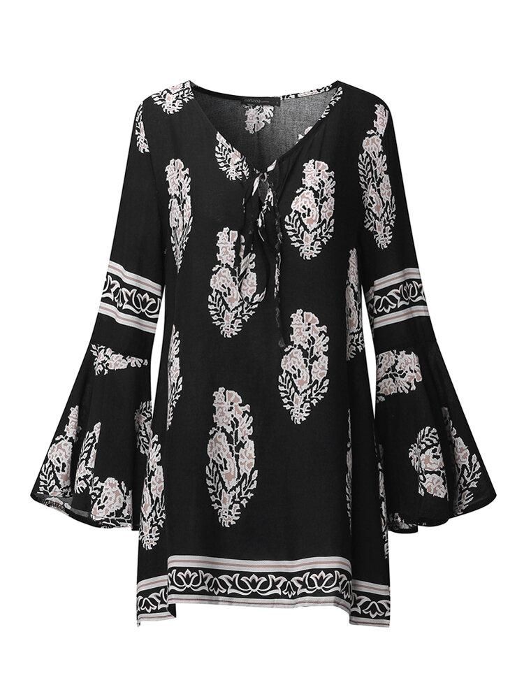 Bohemian Women Floral Print V-neck Bell Sleeve Blouse