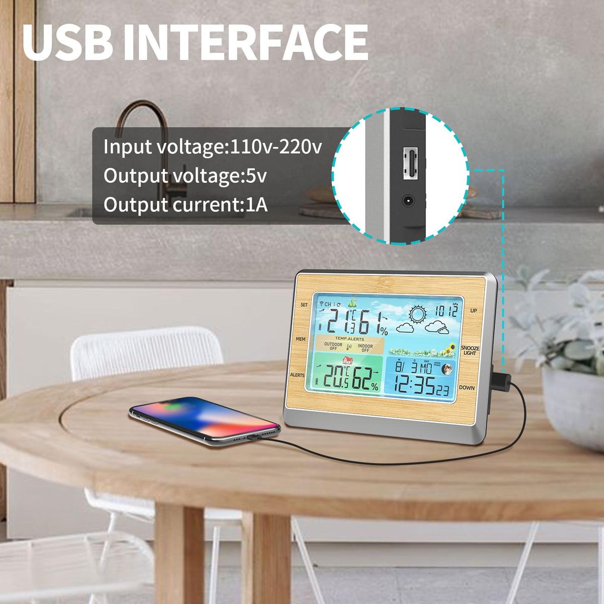Weather Station Wireless Indoor Outdoor Thermometer 6 Inch Color LED Display Temperature Humidity Monitor with Barometric Pressure USB Charging Port Moon Phase Comfort Bar 4 Levels Brightness