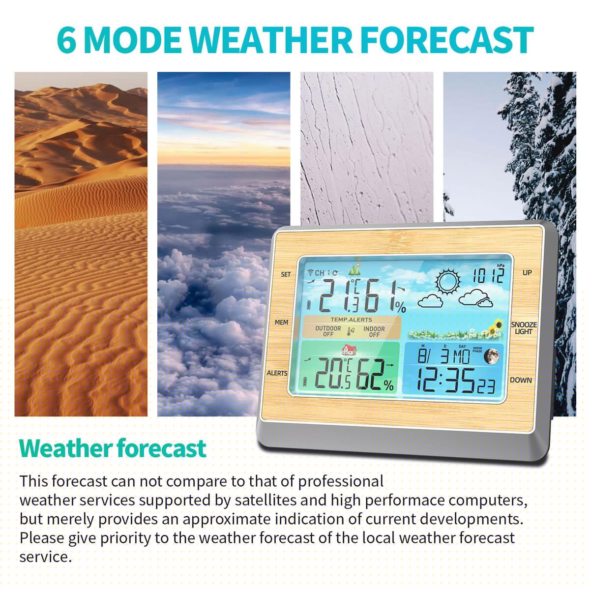 Weather Station Wireless Indoor Outdoor Thermometer 6 Inch Color LED Display Temperature Humidity Monitor with Barometric Pressure USB Charging Port Moon Phase Comfort Bar 4 Levels Brightness