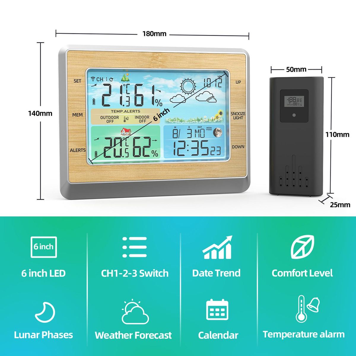 Weather Station Wireless Indoor Outdoor Thermometer 6 Inch Color LED Display Temperature Humidity Monitor with Barometric Pressure USB Charging Port Moon Phase Comfort Bar 4 Levels Brightness