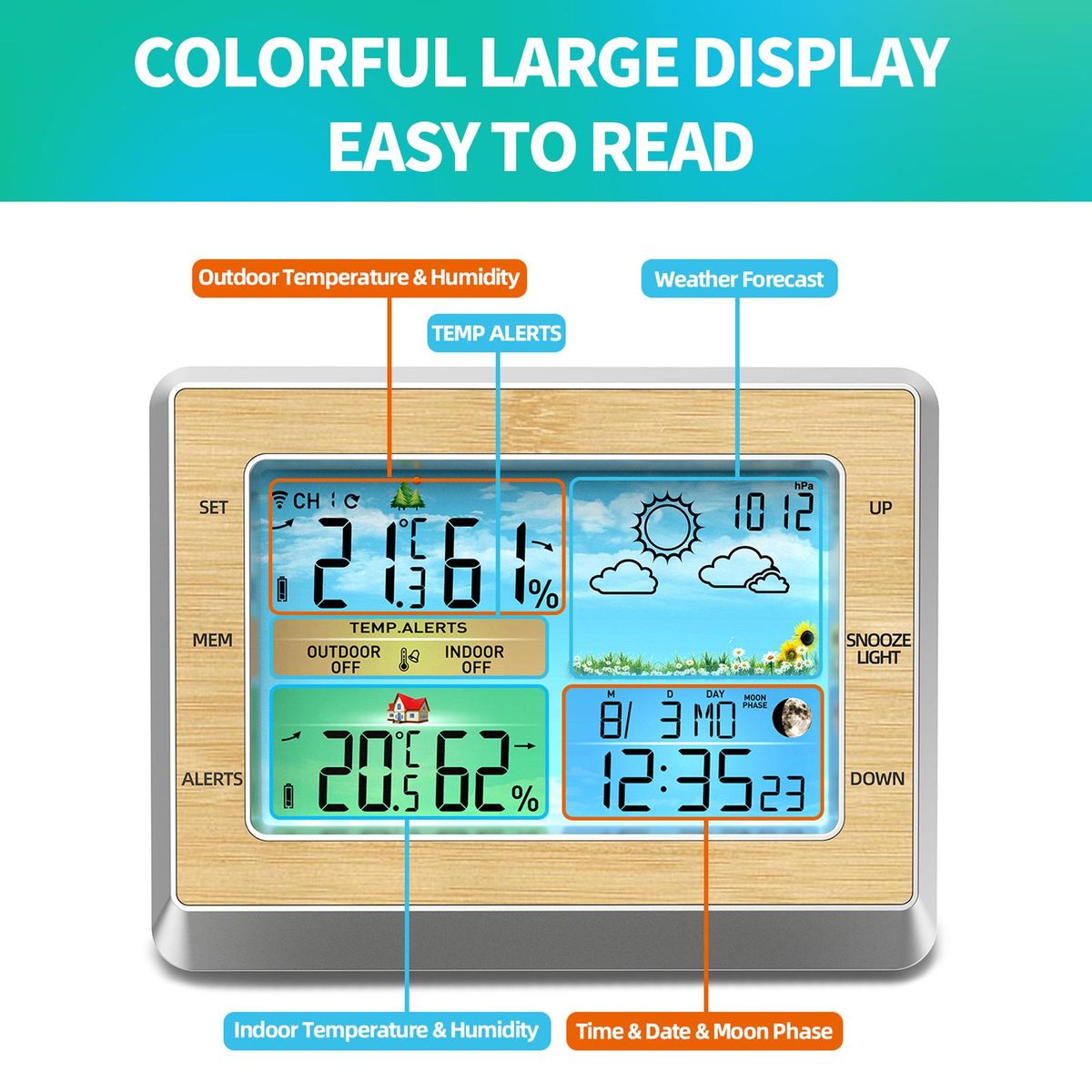 Weather Station Wireless Indoor Outdoor Thermometer 6 Inch Color LED Display Temperature Humidity Monitor with Barometric Pressure USB Charging Port Moon Phase Comfort Bar 4 Levels Brightness