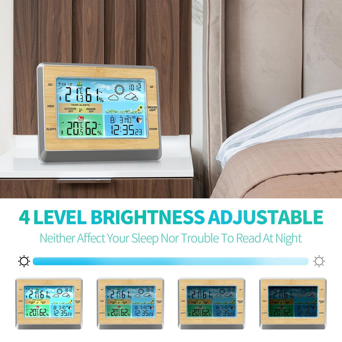 Weather Station Wireless Indoor Outdoor Thermometer 6 Inch Color LED Display Temperature Humidity Monitor with Barometric Pressure USB Charging Port Moon Phase Comfort Bar 4 Levels Brightness