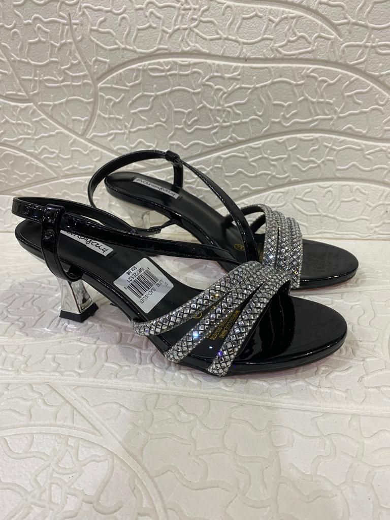 Black And Silver Strap Sandal Low Classic Heels