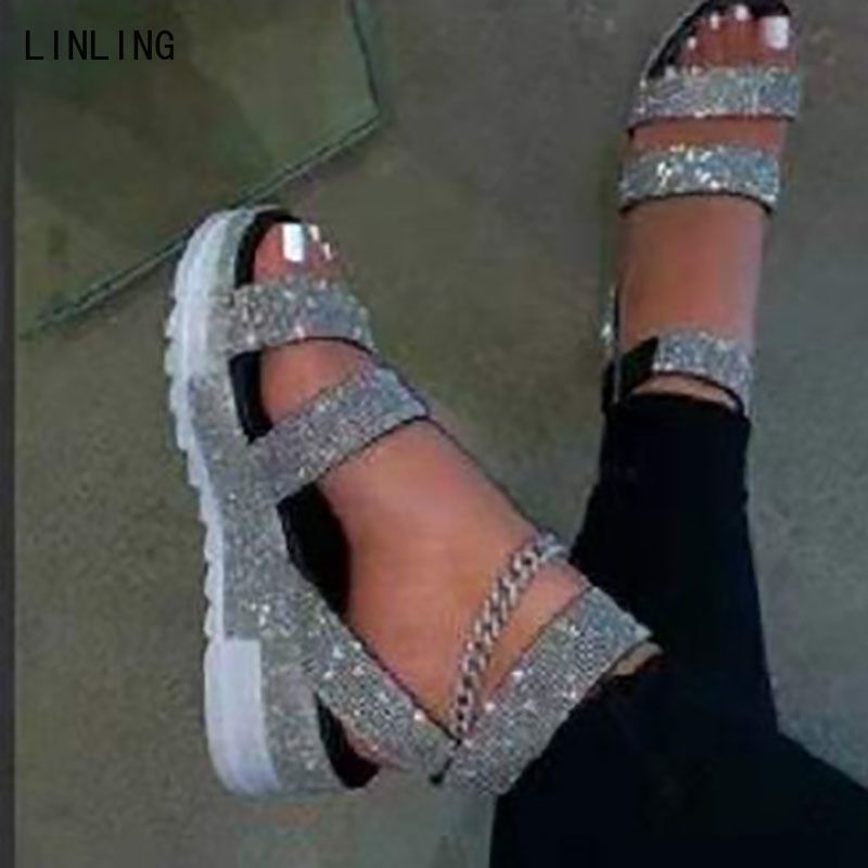 2022 Fashion Platform Woman Sandals Women Crystal Ladies Multicolor Flats Open Toe Sandalias Ankle Strap Female Shoes