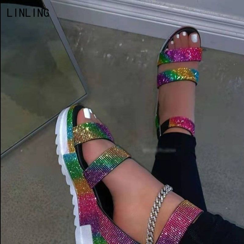 2022 Fashion Platform Woman Sandals Women Crystal Ladies Multicolor Flats Open Toe Sandalias Ankle Strap Female Shoes