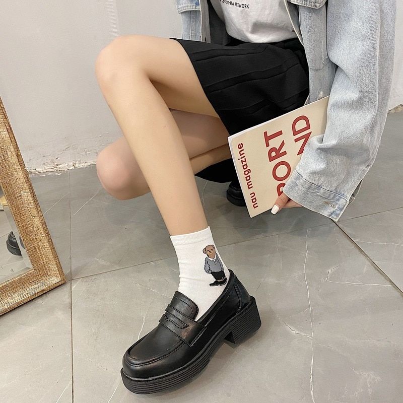 2021 Shoes Women Ladies Thick Sole Slip On Flats Creepers Leather Platform Shoes Mary Jane Shoes Loafers