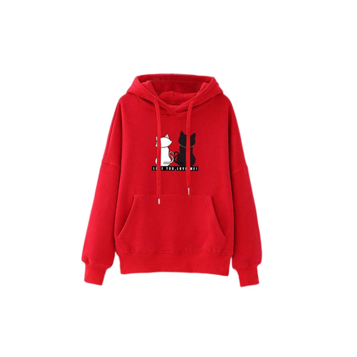 Soft Women Long Sleeve Hoodie Cat Printed Hooded Tops Pullover Red L