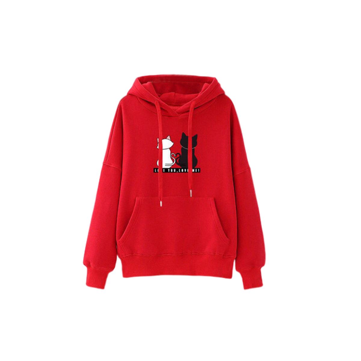 Soft Women Long Sleeve Hoodie Cat Printed Hooded Tops Pullover Red L