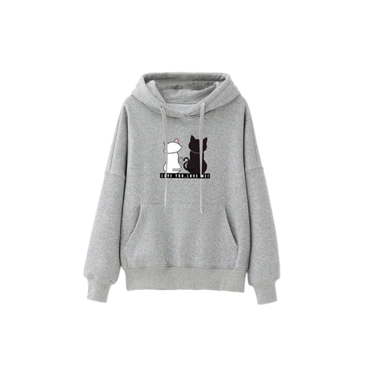 Soft Women Long Sleeve Hoodie Cat Printed Hooded Tops Pullover Grey L