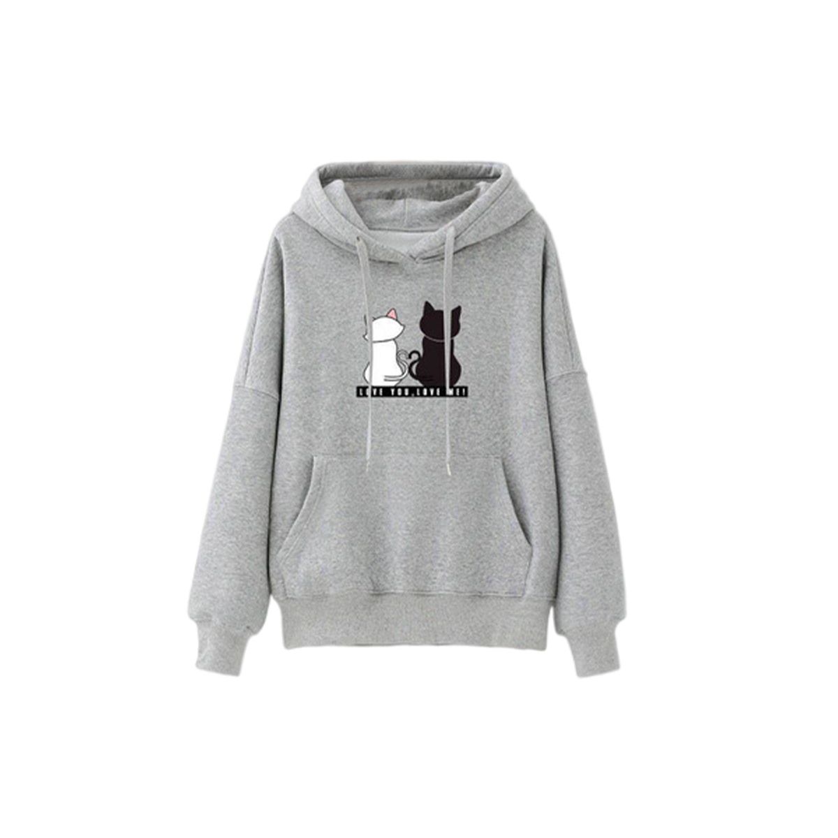 Soft Women Long Sleeve Hoodie Cat Printed Hooded Tops Pullover Grey L