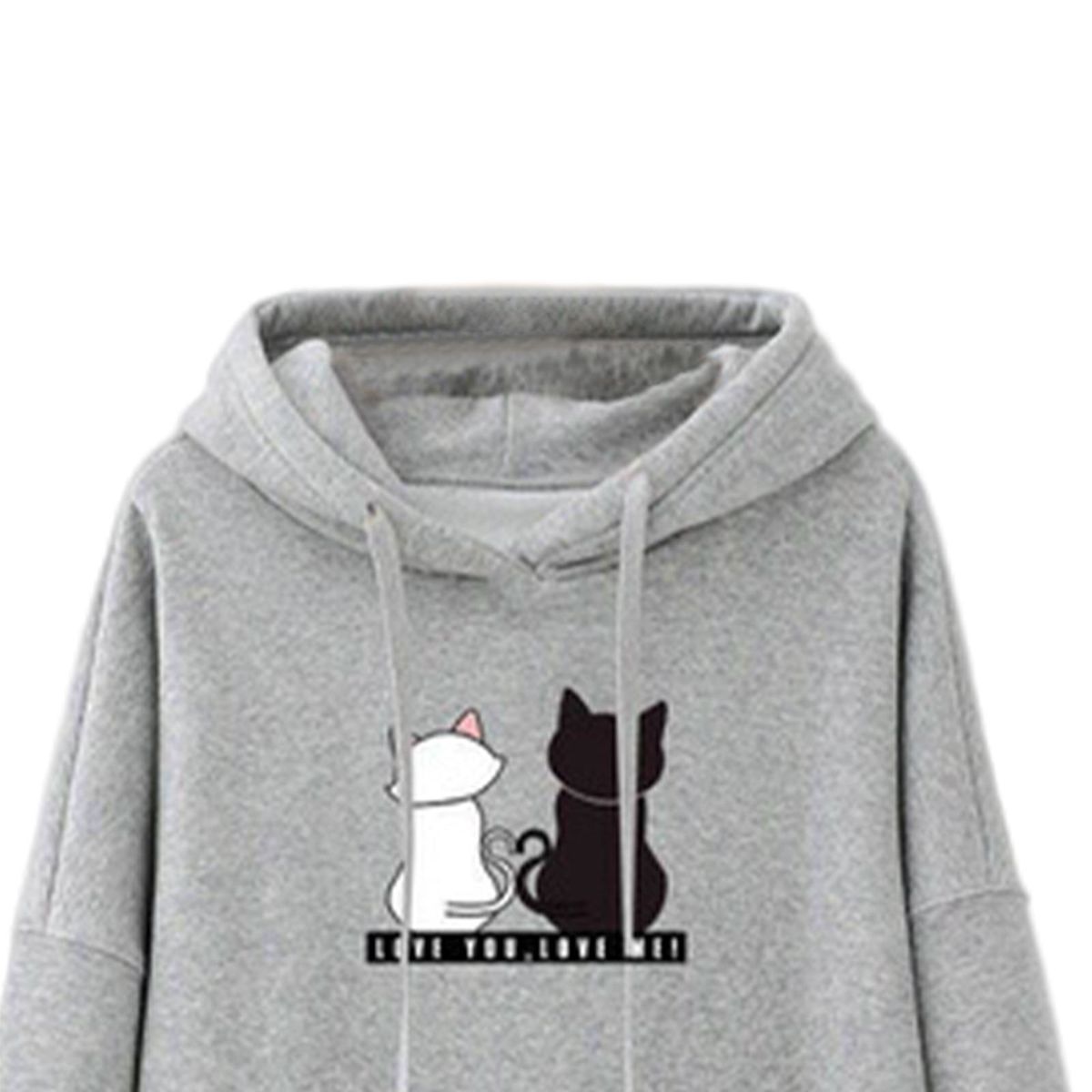 Soft Women Long Sleeve Hoodie Cat Printed Hooded Tops Pullover Grey L