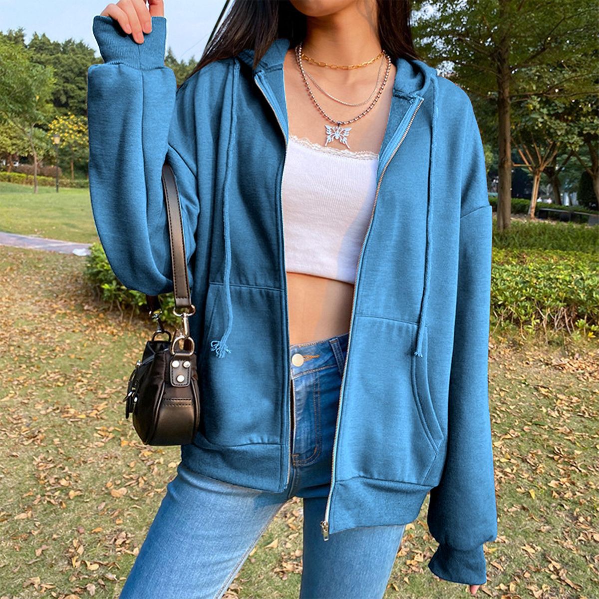 Jacket With Pocket Sweatshirt Long Hat Casual Jean  Ladies