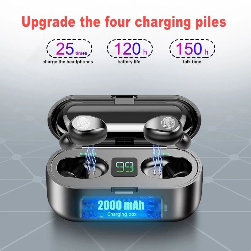 Fingerprint Touch F9 Bluetooth Wireless Earphone With 2000mAh Battery Headset