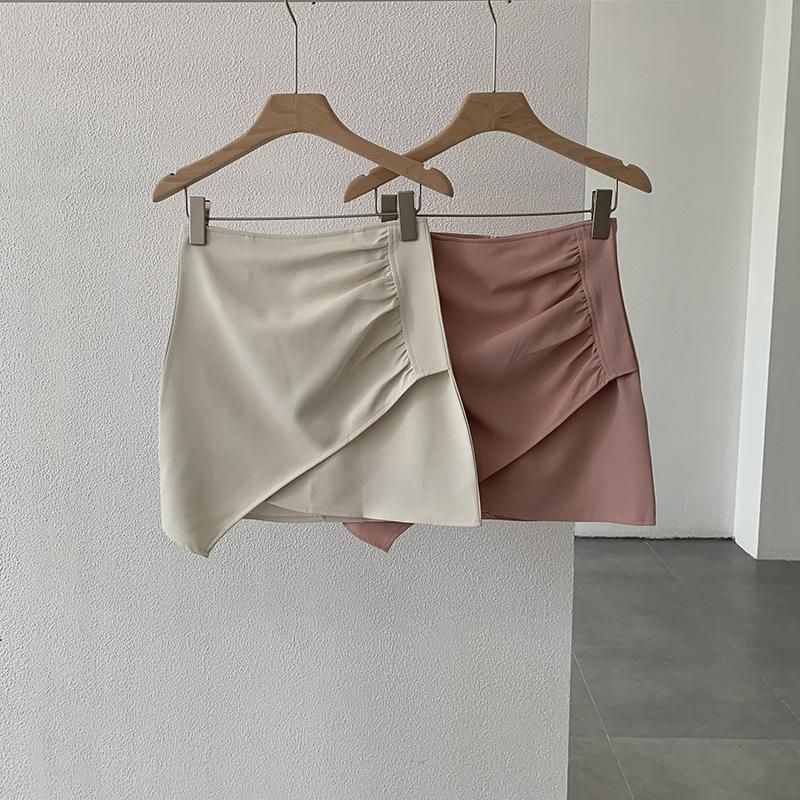 Omale OL Commuter Fashion Summer High Waist Side Fold Irregular Wrap Hip Skirt A-line Half Skirt
