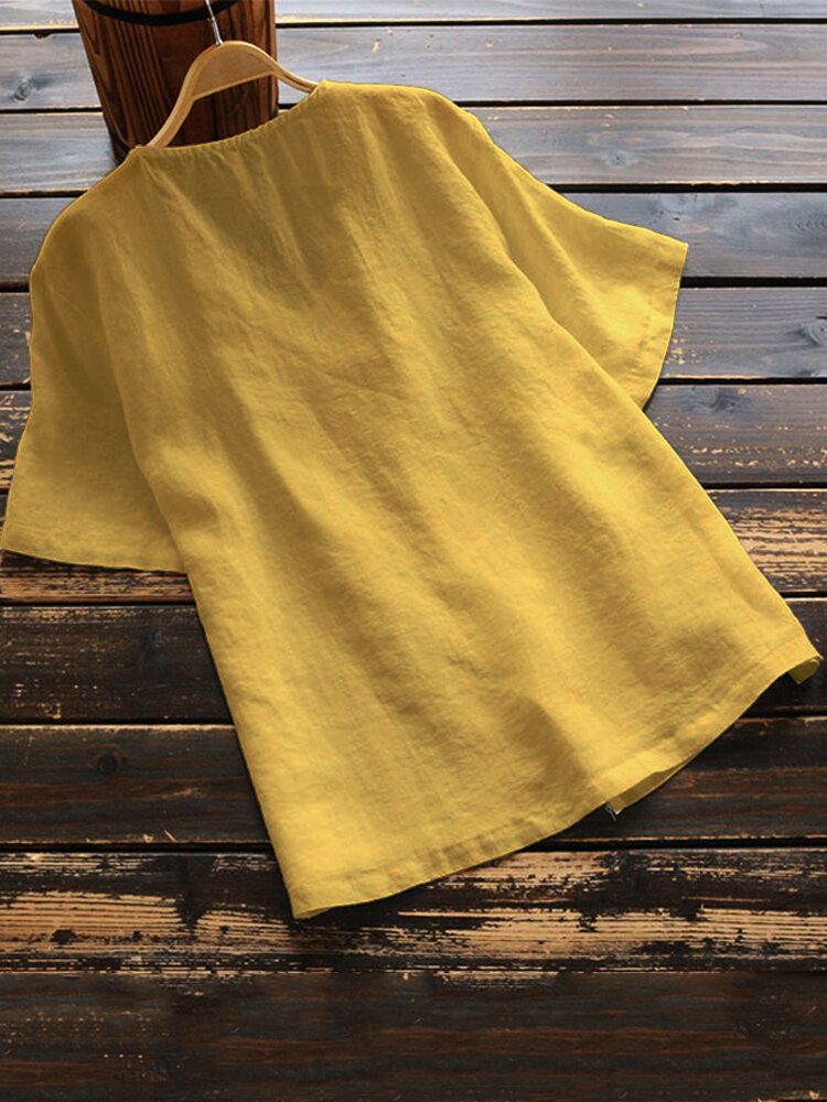 Women Cotton Button V-neck Solid Color Blouse-White