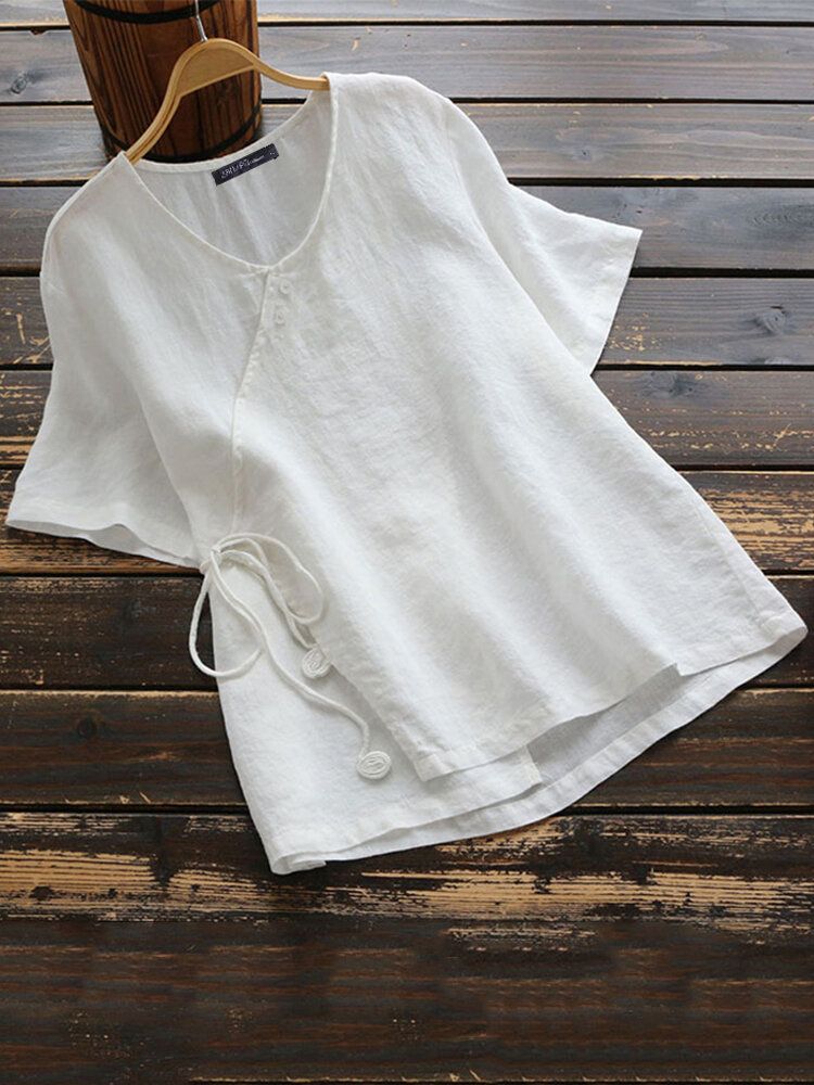 Women Cotton Button V-neck Solid Color Blouse-White