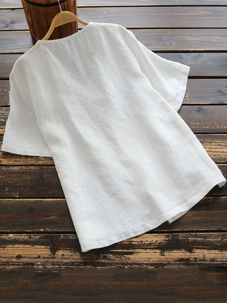 Women Cotton Button V-neck Solid Color Blouse-White