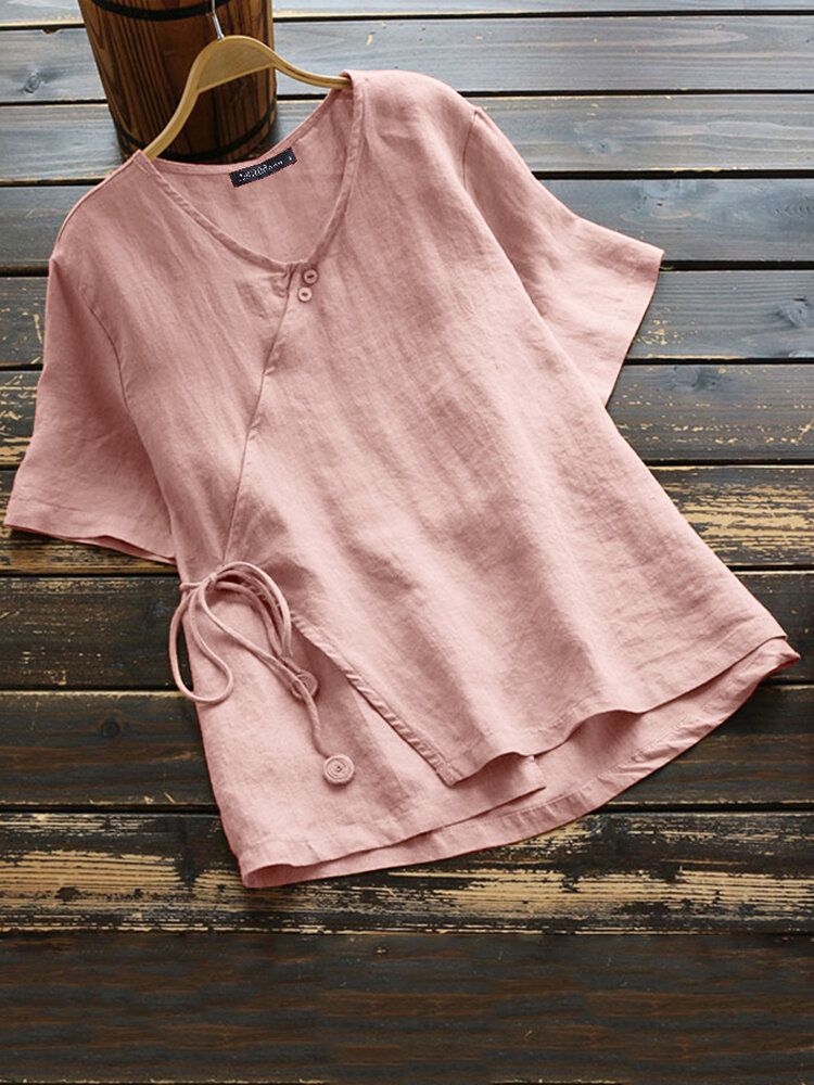 Women Cotton Button V-neck Solid Color Blouse-White
