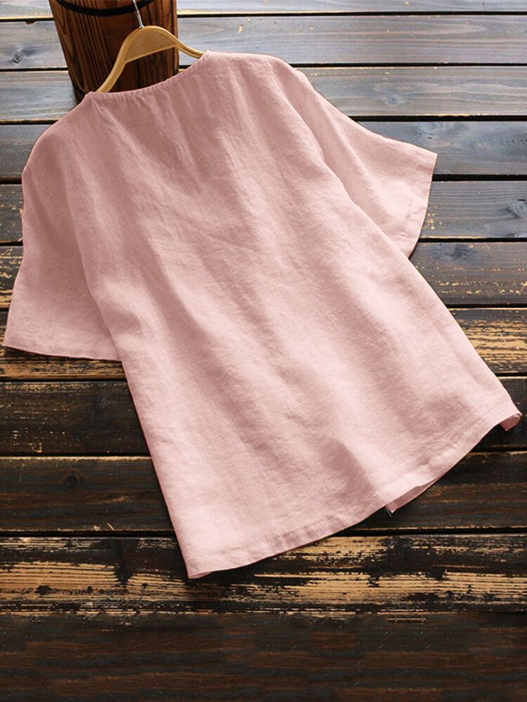 Women Cotton Button V-neck Solid Color Blouse-White