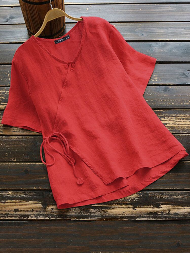 Women Cotton Button V-neck Solid Color Blouse-White
