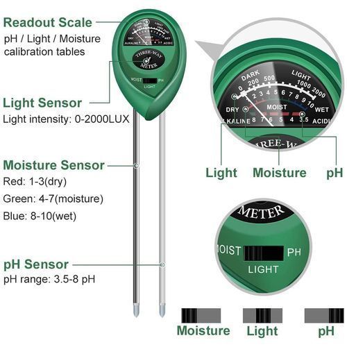 Soil PH Meter 3-in-1 Soil Tester Moisture Meter Light Meter For Plants Crops Flowers Vegetable Hydroponics Analyzer