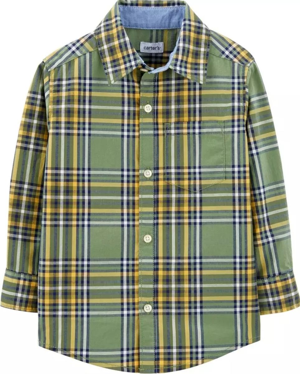 Boys Long Sleeve Plaid Checkered Shirt- Green Yellow