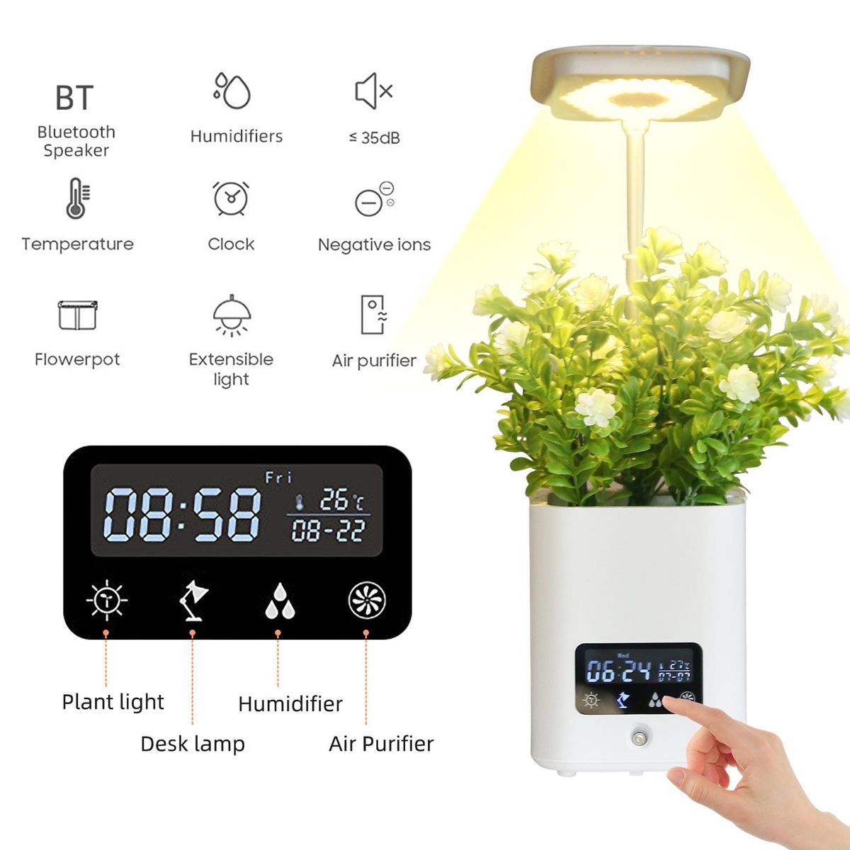 Smart Planter for Indoor Plants Indoor Garden Grow Light with LED Table Desk Lamp Clock Humidifier Automatic Hydroponics Kit Planters for Herb Small Plants