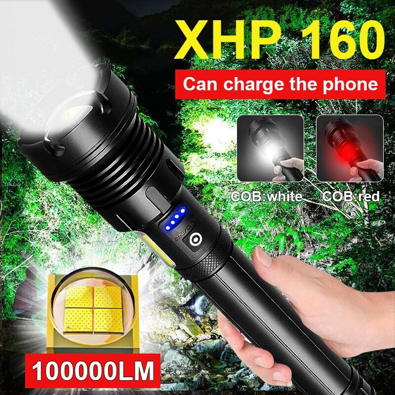 100000LM XHP160 High Power LED Flashlight USB 18650