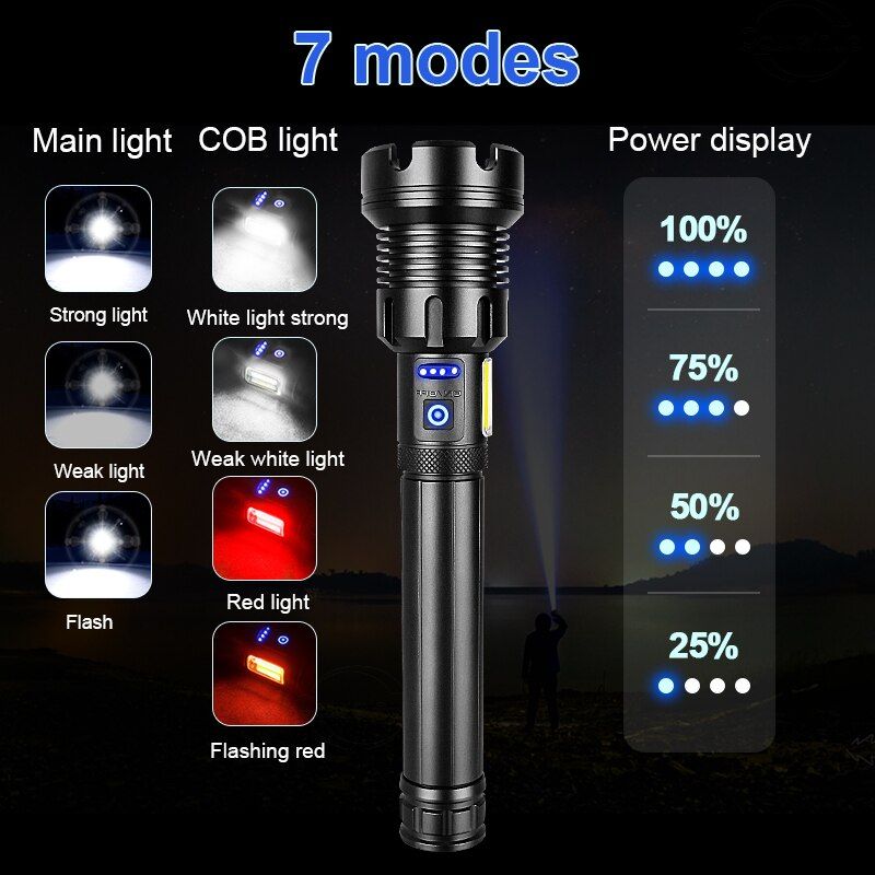 100000LM XHP160 High Power LED Flashlight USB 18650