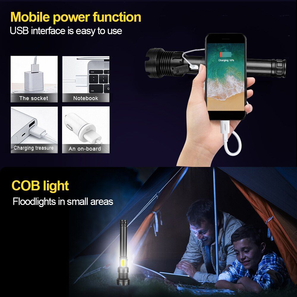100000LM XHP160 High Power LED Flashlight USB 18650