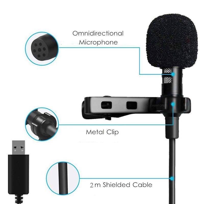2m USB Lavalier Microphone Clip On Lapel Mic For PC Computer
