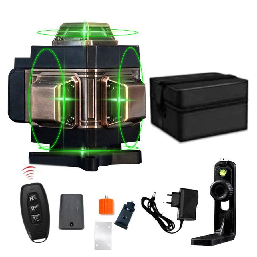 Laser Level, 16 Lines Green Laser Level Self Leveling Tool, 160ft Green Beam Laser Level for Construction, Two 360° Vertical and Two 360° Horizontal Lines with Wall Bracket&Remote Controller US 2 Battery