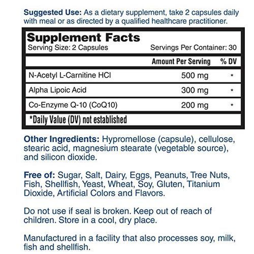 CoQ10 + Alpha Lipoic Acid + Acetyl L-Carnitine HCL,60Caps Supports Heart And Cognitive Health