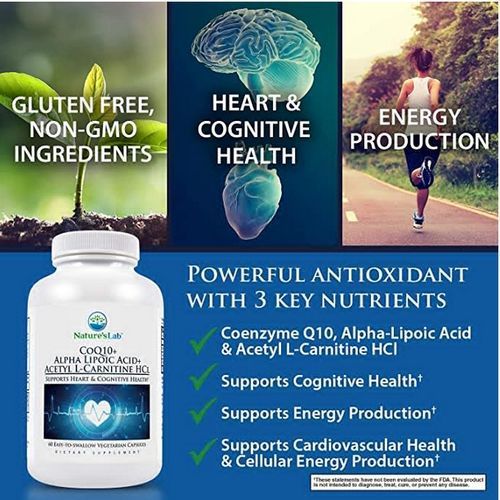CoQ10 + Alpha Lipoic Acid + Acetyl L-Carnitine HCL,60Caps Supports Heart And Cognitive Health