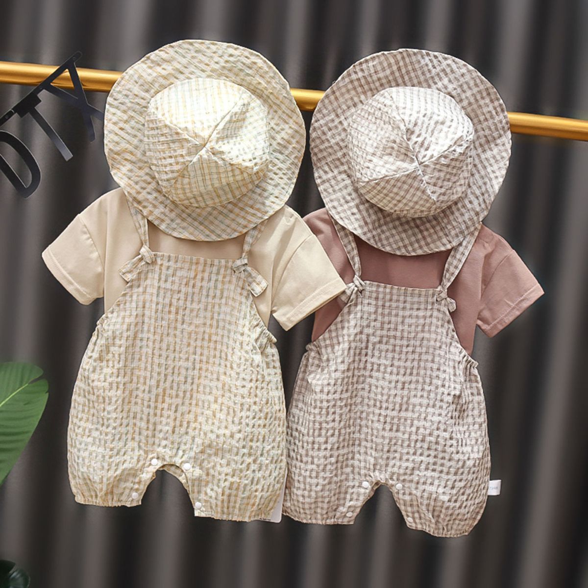 3Pcs/Set Kids Outfit Solid Color Top With Hat Jumpsuit-Khaki