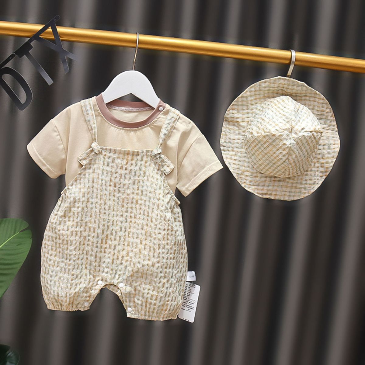 3Pcs/Set Kids Outfit Solid Color Top With Hat Jumpsuit-Khaki