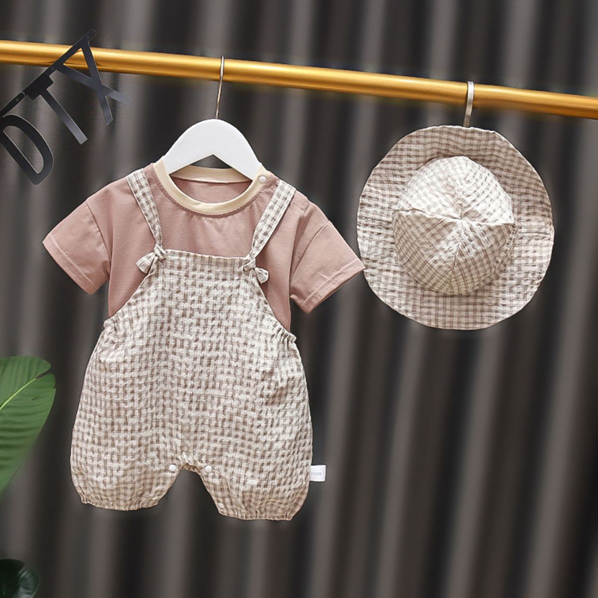3Pcs/Set Kids Outfit Solid Color Top With Hat Jumpsuit-Khaki