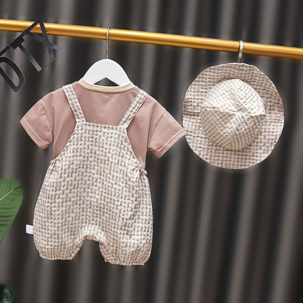 3Pcs/Set Kids Outfit Solid Color Top With Hat Jumpsuit-Khaki