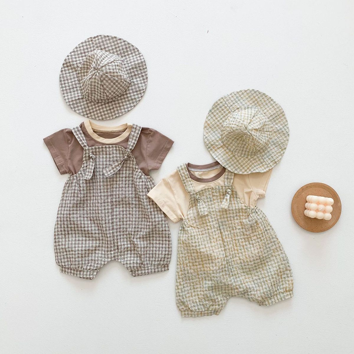 3Pcs/Set Kids Outfit Solid Color Top With Hat Jumpsuit-Khaki