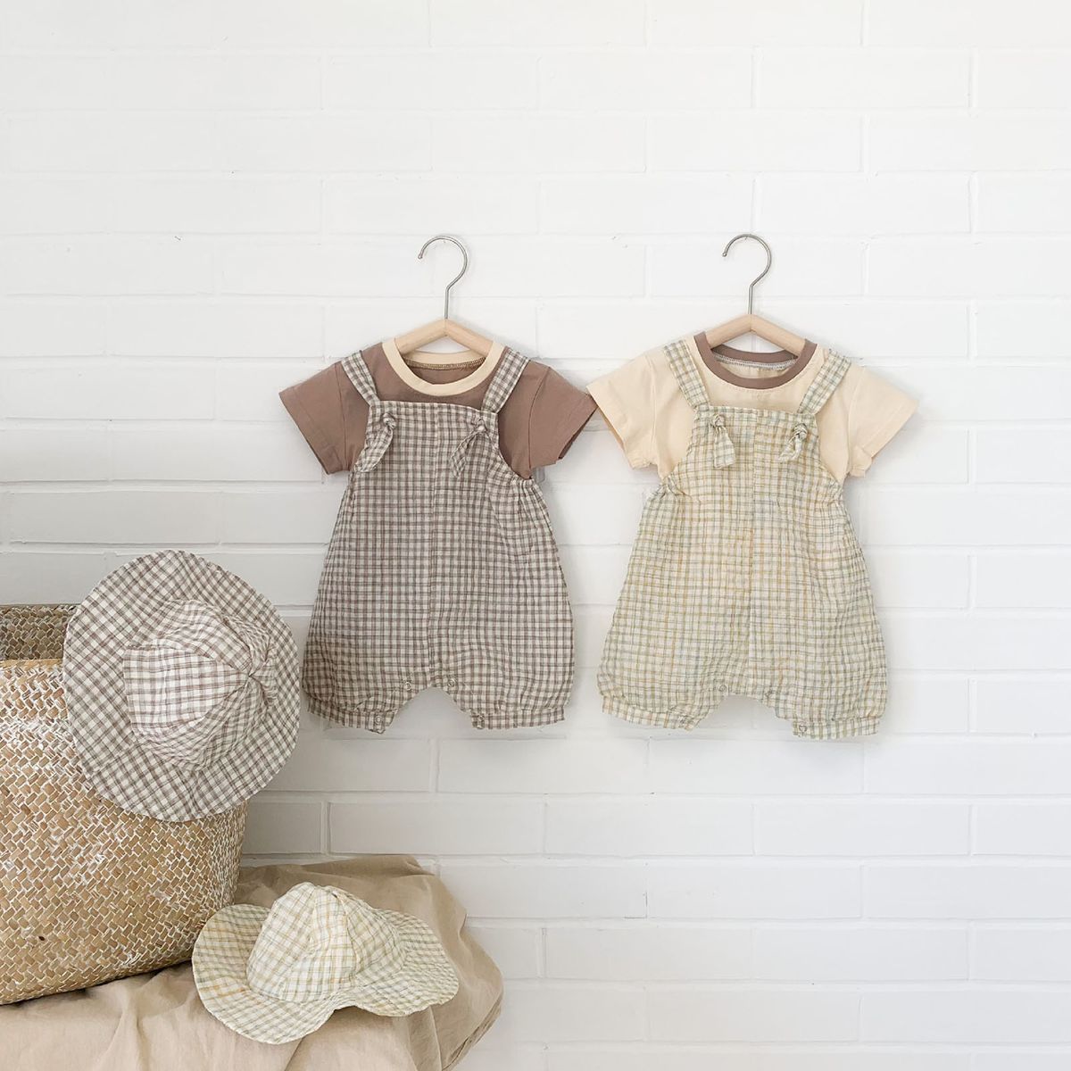 3Pcs/Set Kids Outfit Solid Color Top With Hat Jumpsuit-Khaki