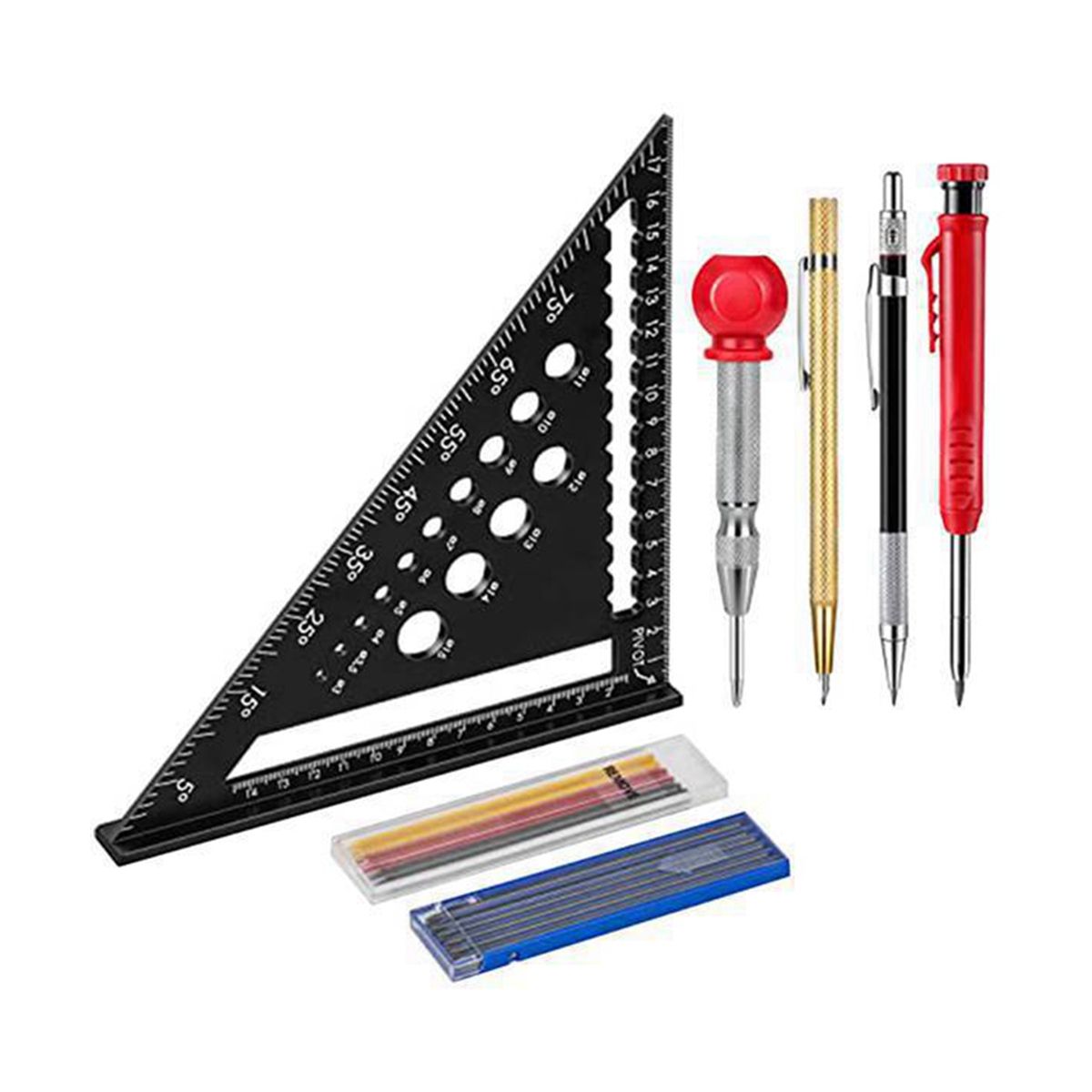Carpenter's Square Multifunctional 180mm Carpenter Angle Ruler - Including Deep Hole MarkerPencil RefillsCenter Punch
