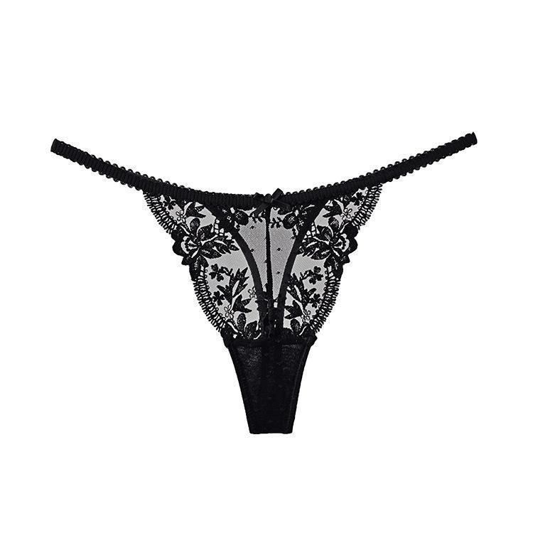 Women's Lace Embroidered Sexy G-string Pants Tanga Thong T-back  Pants Black