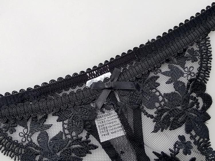 Women's Lace Embroidered Sexy G-string Pants Tanga Thong T-back  Pants Black