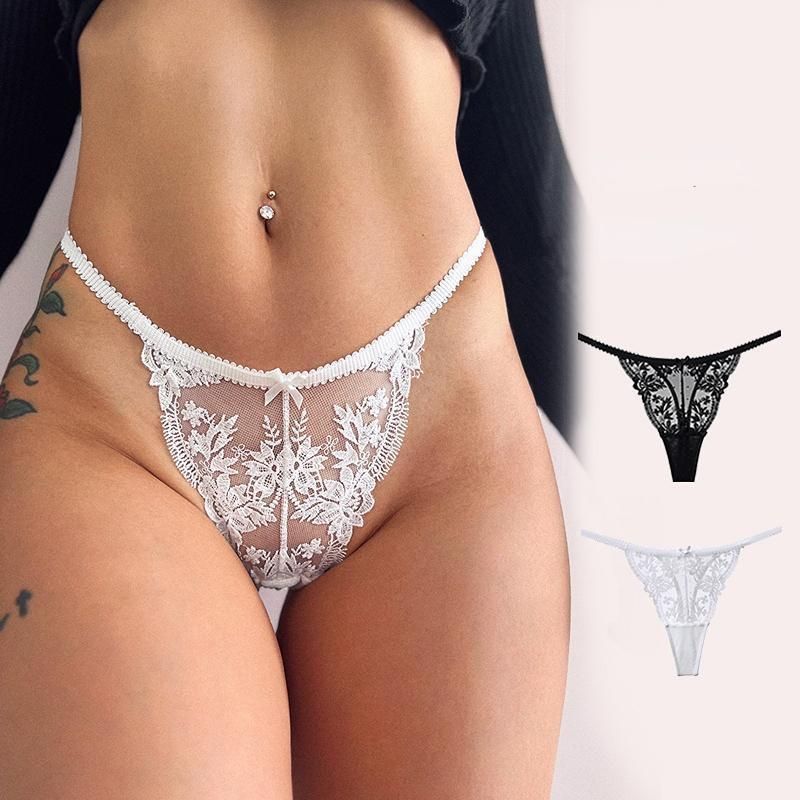 Women's Lace Embroidered Sexy G-string Pants Tanga Thong T-back  Pants Black
