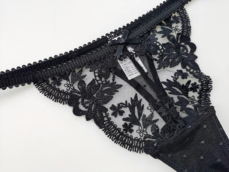 Women's Lace Embroidered Sexy G-string Pants Tanga Thong T-back  Pants Black