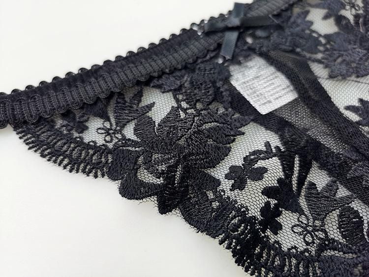 Women's Lace Embroidered Sexy G-string Pants Tanga Thong T-back  Pants Black
