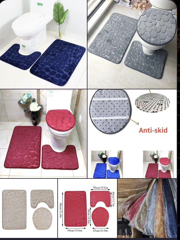 3Pcs Non-slip Mats Toilet Seat Cover Soft Bath Room Sky Blue