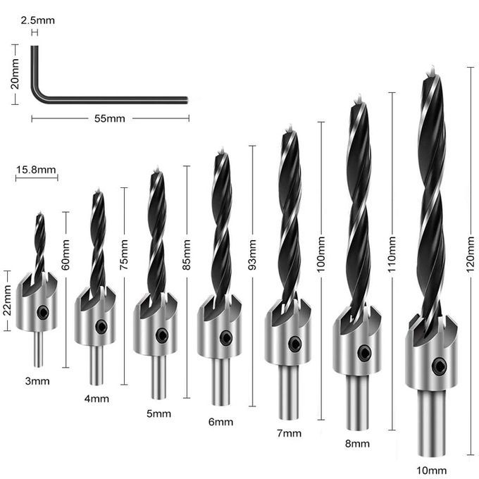 7Pcs Countersink Drill Bit Set Screw Woodworking Drill Press Set