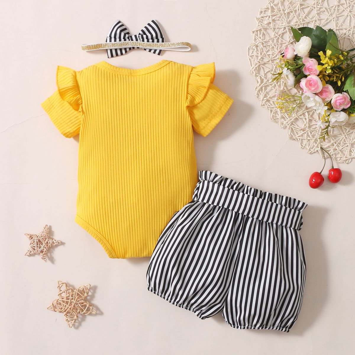 Baby Girls Letter Print Short Sleeves Ribbed Bodysuit With Striped Shorts